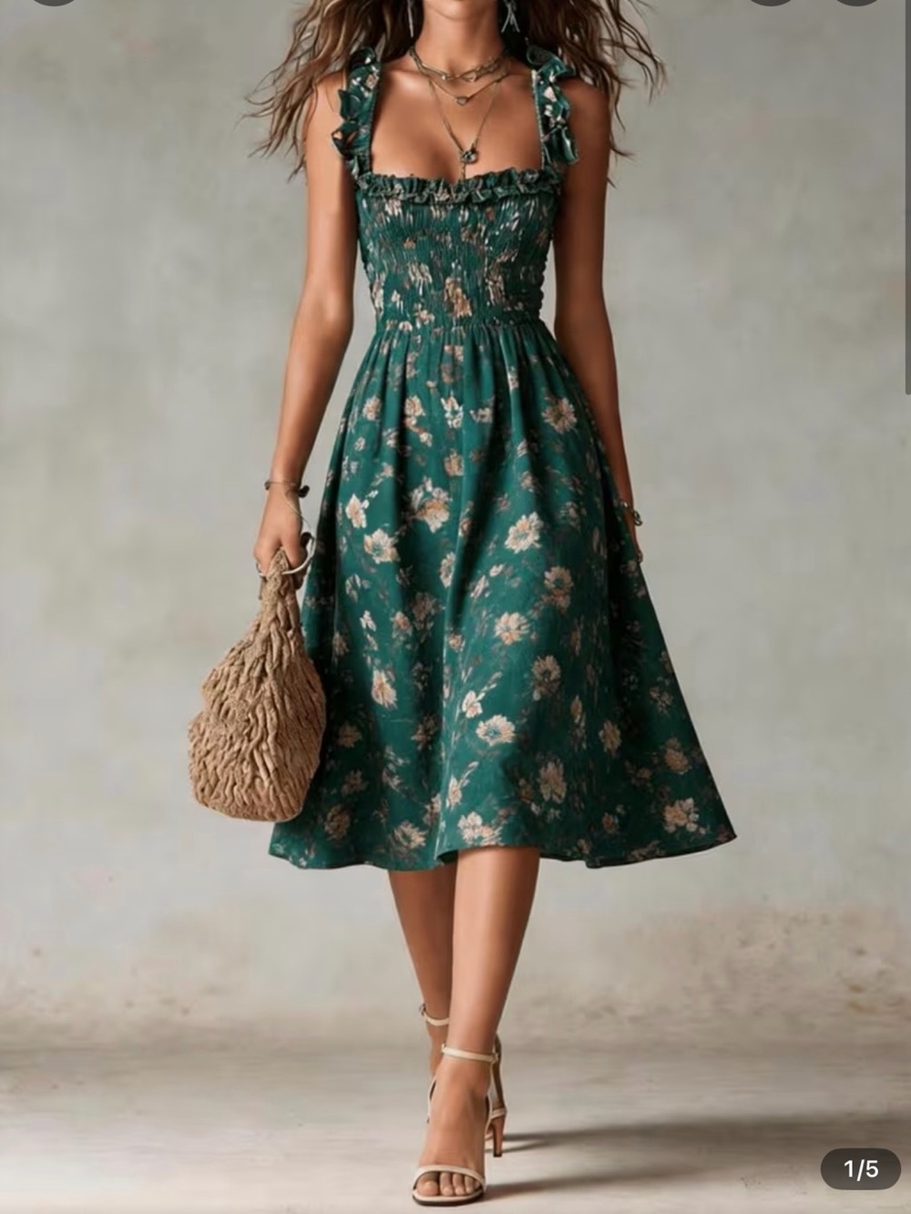 Smocked Floral Midi Dress in Emerald Green